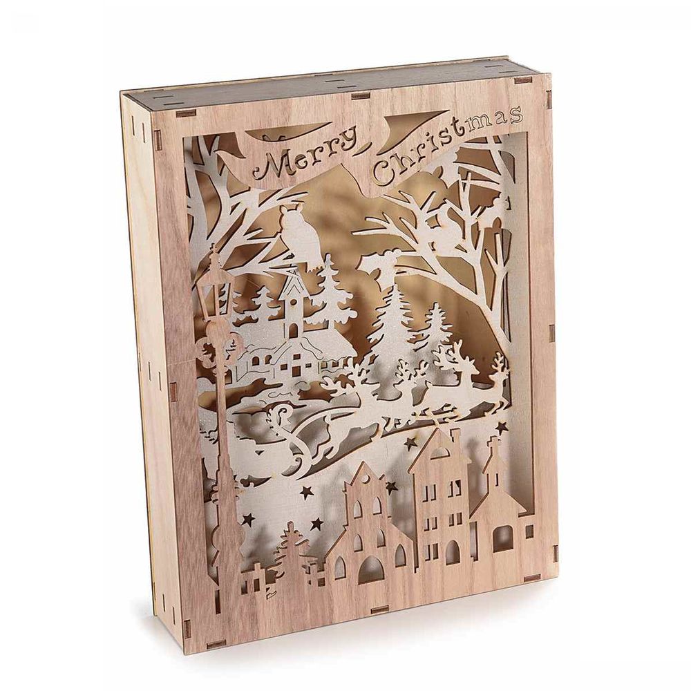 Cornice decorativa in legno intagliato con paesaggio invernale e luci Led