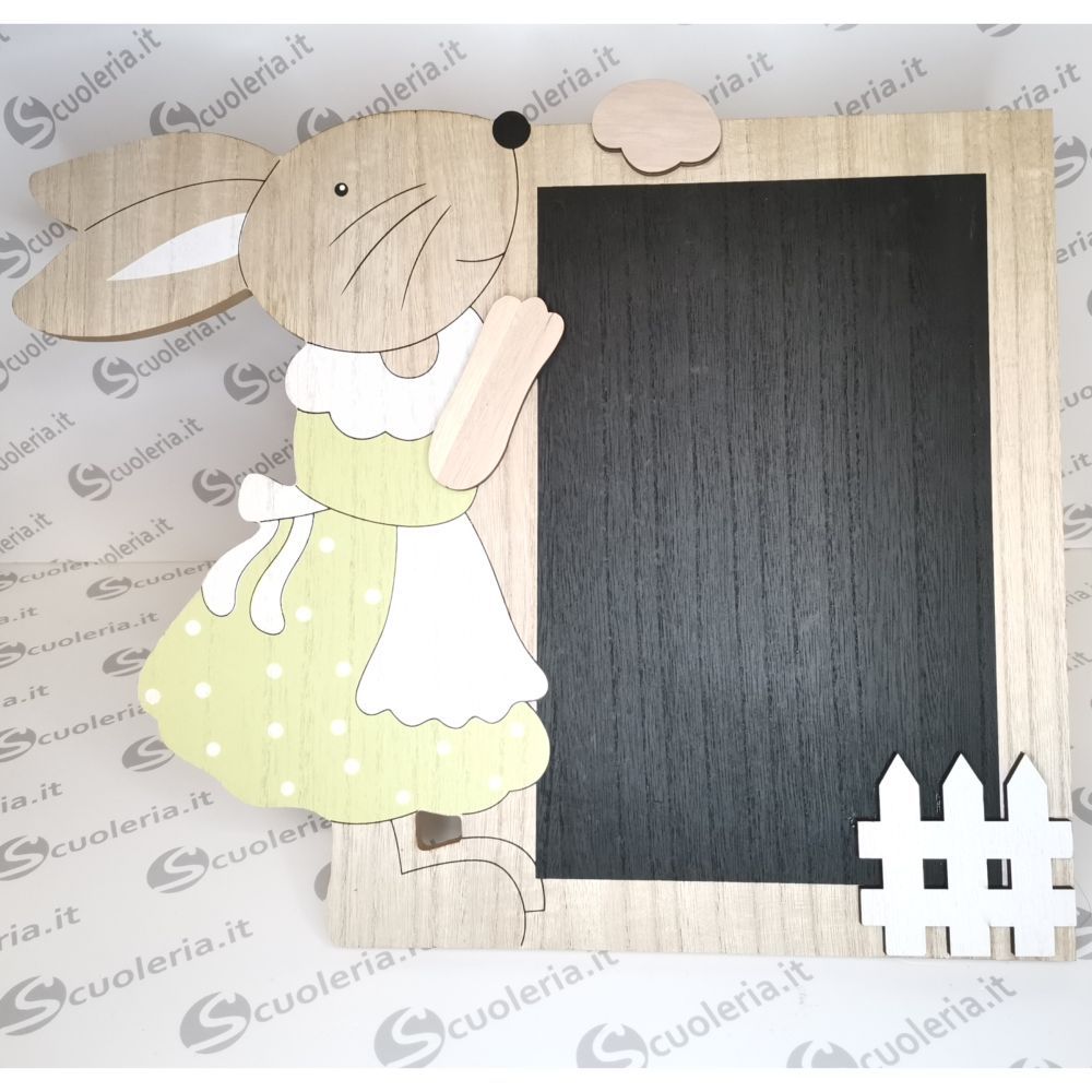 Decorazione in legno con coniglietto e effetto lavagna