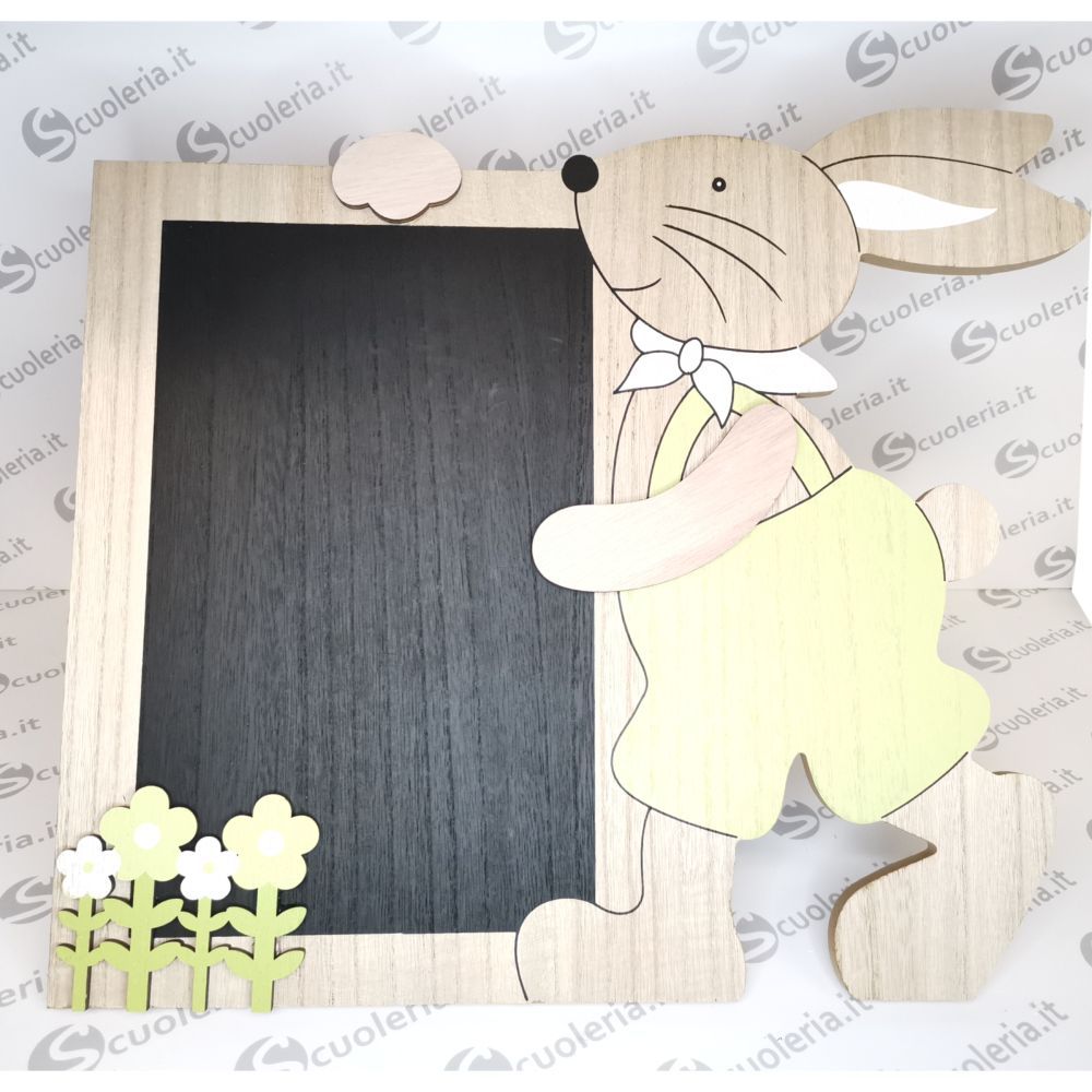 Decorazione in legno con coniglietto e effetto lavagna